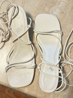 ZARA White Strappy Lace-Up Heeled Sandals